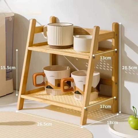 Two-tier bamboo shelf with dimensions marked