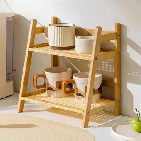 Two-tier bamboo shelf in natural bamboo, with dimensions marked