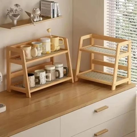 Two two-tier bamboo shelves side by side on a counter