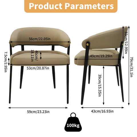 Upholstered dining chair in light khaki, 59 x 43 x 79 cm, with dimensions marked