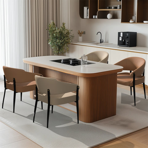 Upholstered dining chairs at a long table in an open-plan room
