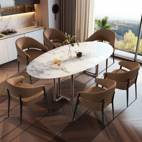 Upholstered dining chairs set around an oval dining table