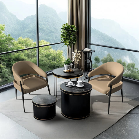 Upholstered dining chairs beside a window