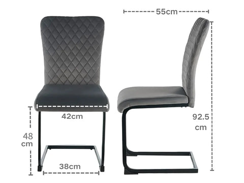 Velvet high back dining chair dimensions — 55 cm deep, 42 cm wide, 92.5 cm high, 48 cm seat