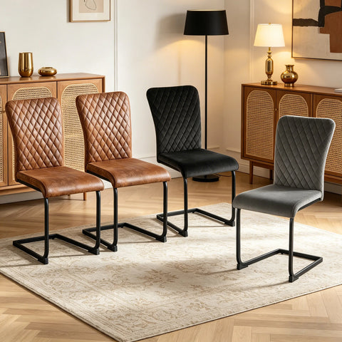 Velvet high back dining chairs in tan and black around a dining room