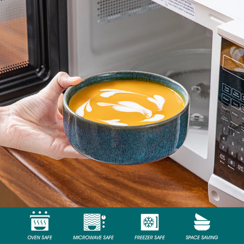Deep blue vertical edge bowl filled with soup