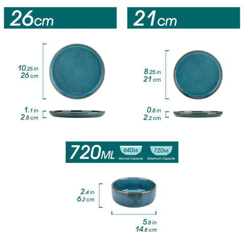 Vertical edge blue dinner set dimensions — 21 cm plate and 720 ml bowl