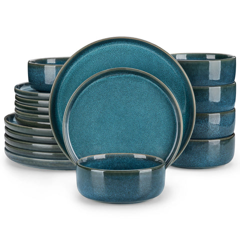 Vertical edge blue dinner set, plates and bowls stacked