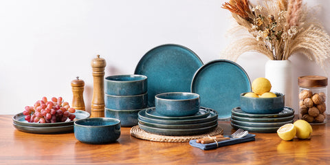Vertical edge blue dinner set laid out on a table