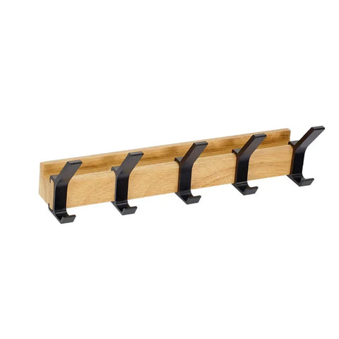 Wall-mounted coat rack in black with five hooks on a wooden rail
