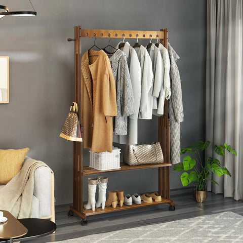 Walnut bamboo clothes stand — base and foot pad detail