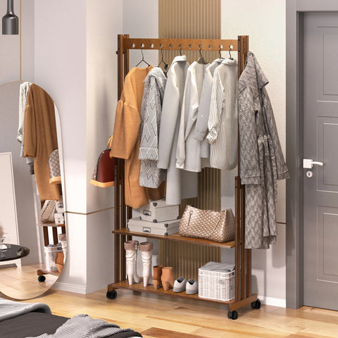 Walnut bamboo clothes stand hung with coats beside a shelf unit