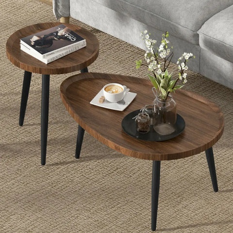 Walnut nesting coffee tables in chocolate, oval and round