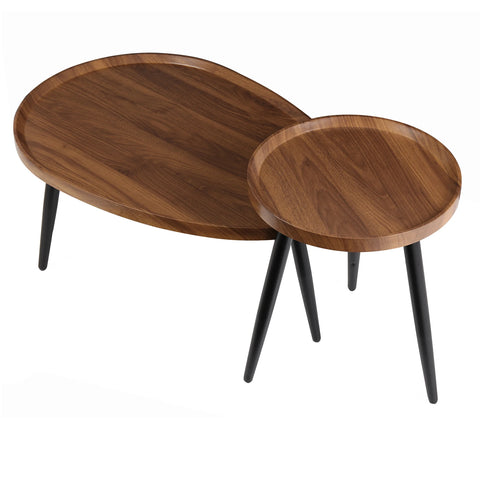 Walnut nesting coffee tables seen from above, oval and round tops