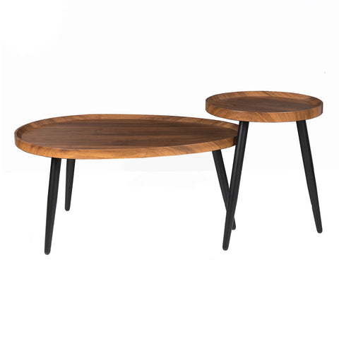 Walnut nesting coffee tables, side view of the splayed black legs