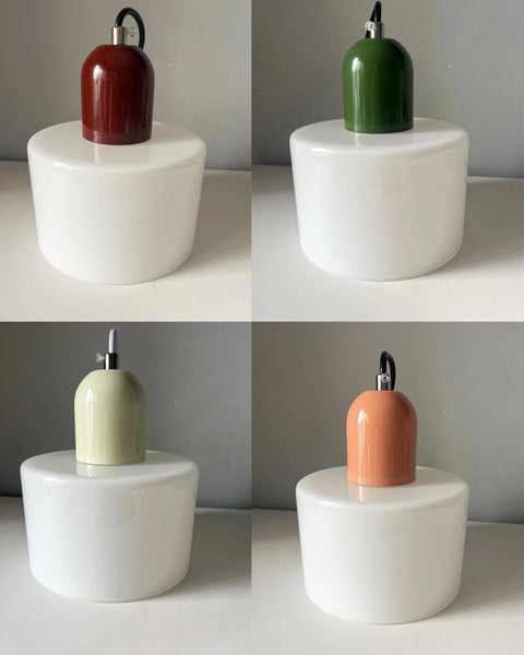 White glass pendant shades with four different cap colours
