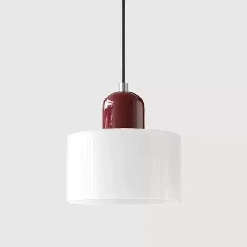 White glass pendant light with an oxblood cap