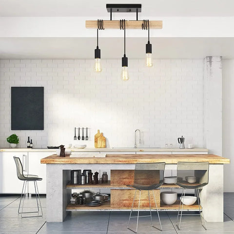 Wooden bar pendant light with three lamp holders, unlit
