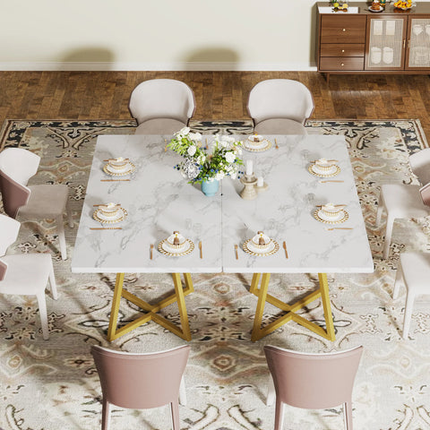 Overhead view of the white marble dining table laid for six
