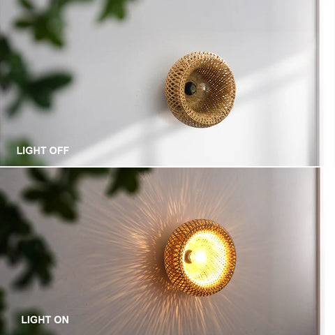 Woven bamboo ceiling lamp shown with the light off and on