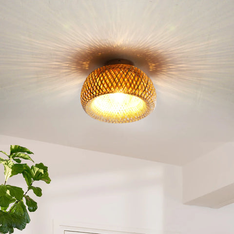 Woven bamboo ceiling lamp in a living room with a plant