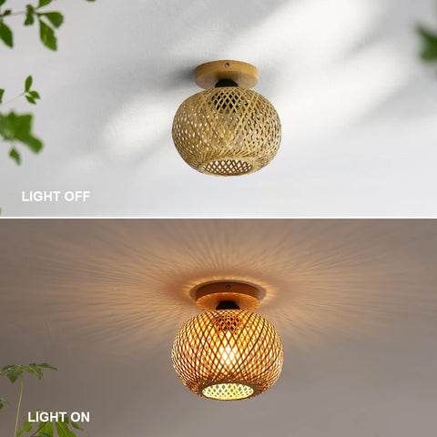 Woven bamboo ceiling lamp on a ceiling, shown lit and unlit
