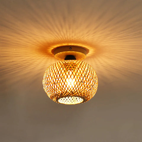 Close-up of the lit woven bamboo shade