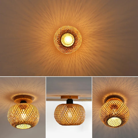 Woven bamboo ceiling lamp seen from below and in both shade shapes
