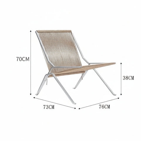 Woven cord lounge chair shown with its measurements