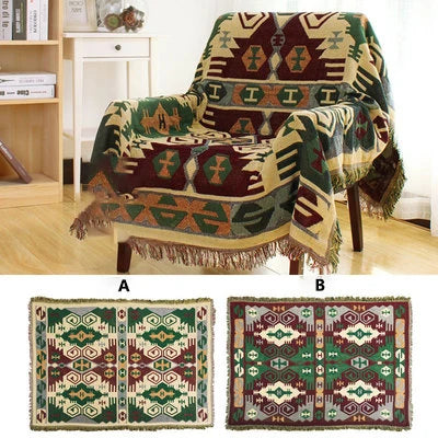 Green Kilim woven throw over a chair, with both sides shown flat