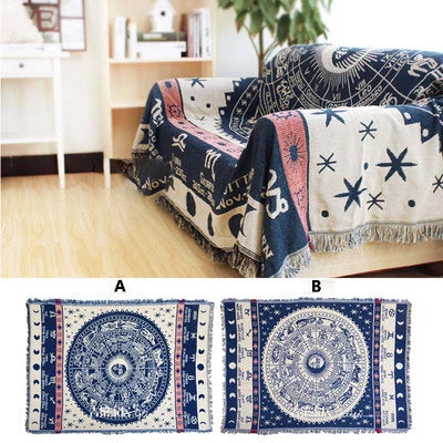 Indigo Medallion woven throw over a sofa, with both sides shown flat