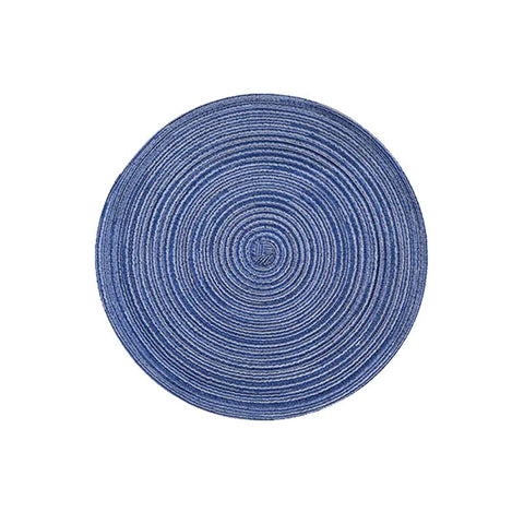 Blue yarn woven round placemat