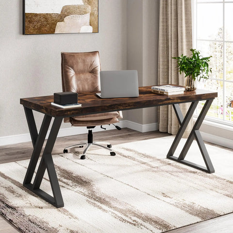 Z-frame writing desk in dark khaki with a laptop and chair