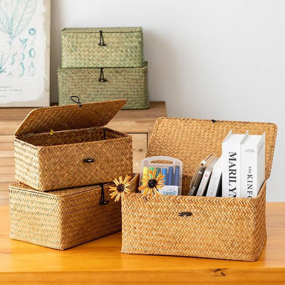 Straw Basket Organiser Box