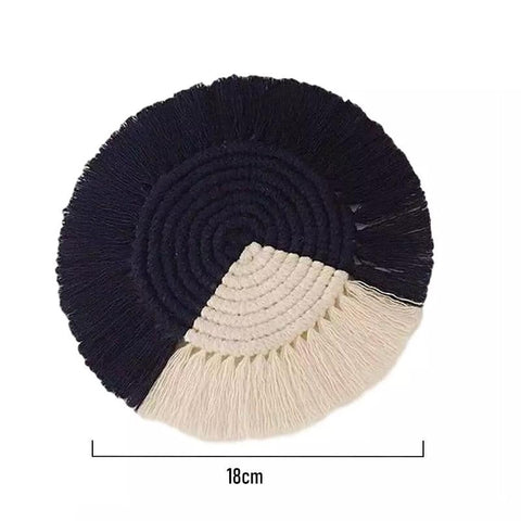 Braided cotton coaster, style 04, black and cream two-tone