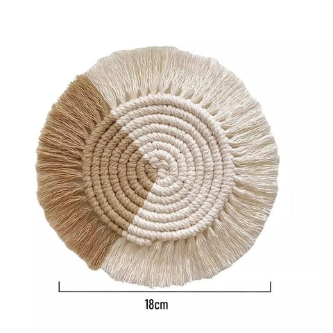 Braided cotton coaster, style 05, natural cotton with fringe, 18cm across