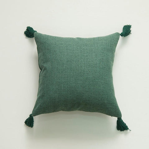 Hemp cushion cover in green with corner tassels