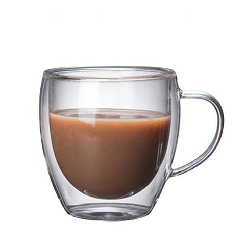 Double walled glass mug, 250ml size, holding a milky coffee