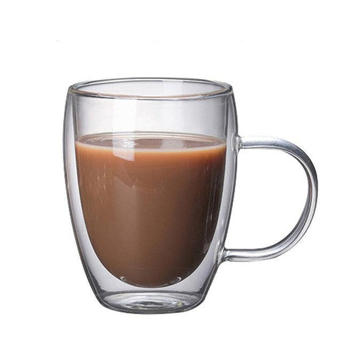 Double walled glass mug, 350ml size, holding a milky coffee