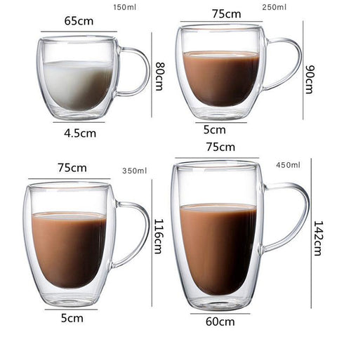 Size chart for the double walled glass mugs, shown side by side