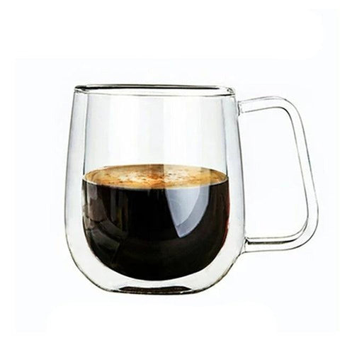 Double walled glass mug with a wide handle, holding black coffee