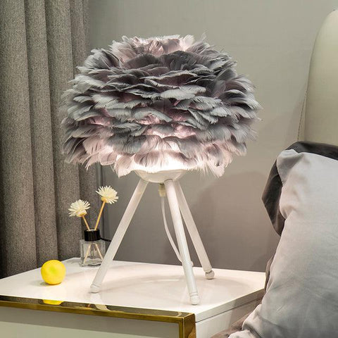 Feather table lamp, grey shade on a white tripod base