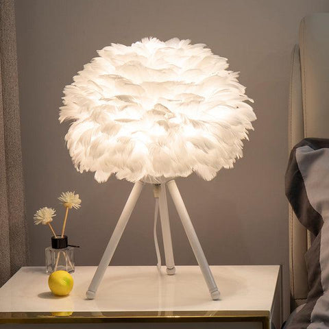 Feather table lamp, white shade on a white tripod base