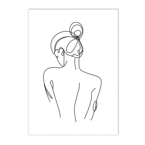 Female line-drawing print, single-line back view with a low bun