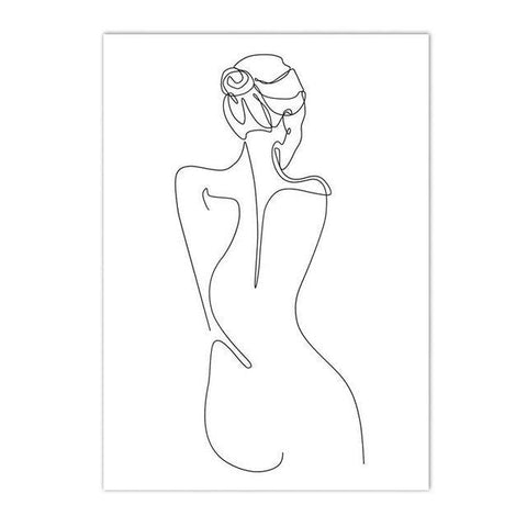 Female line-drawing print, single-line back view with hair tied up