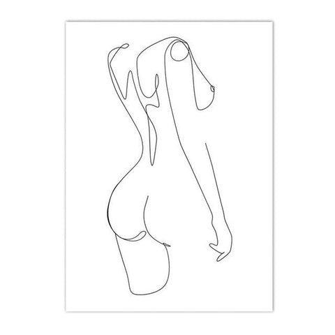 Female line-drawing print, single-line reclining figure seen from behind