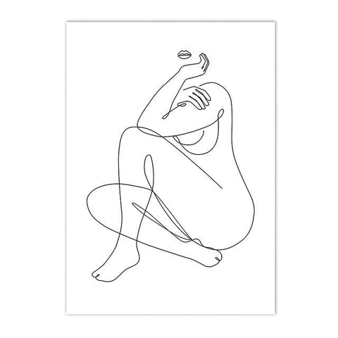 Female line-drawing print, single-line seated figure with a raised arm