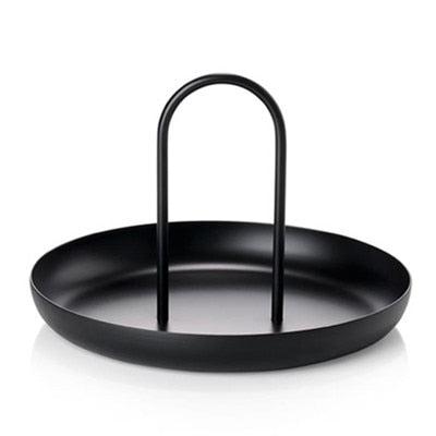 Loop accessory tray in black, round metal tray with an arched handle