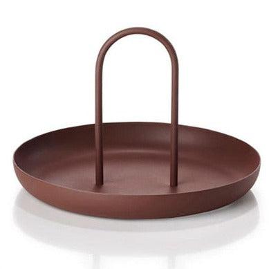 Loop accessory tray in red clay, round metal tray with an arched handle
