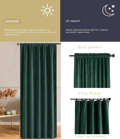 Velvet blackout curtain shown by day and night, with the header styles